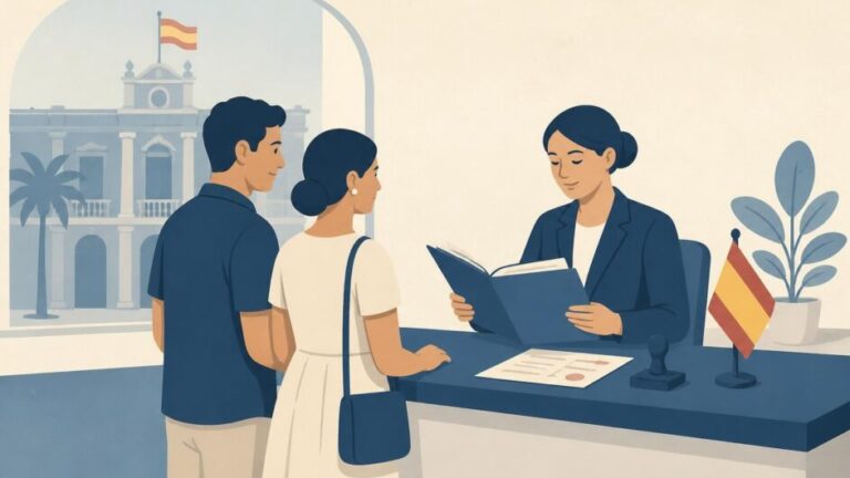 Pareja entrega documentos a una funcionaria en un mostrador consular para registrar su matrimonio.