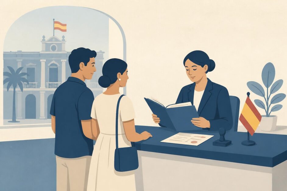 Pareja entrega documentos a una funcionaria en un mostrador consular para registrar su matrimonio.