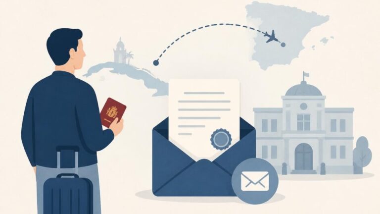 Persona con pasaporte y maleta envía una solicitud digital de certificado consular entre Cuba y España.