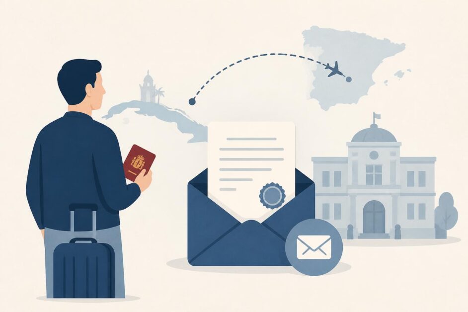 Persona con pasaporte y maleta envía una solicitud digital de certificado consular entre Cuba y España.