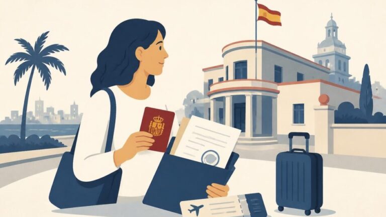 Persona con pasaporte, documentos laborales y boleto de viaje frente a una oficina consular.