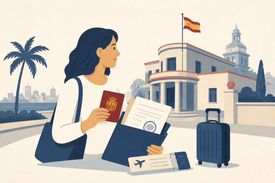 Persona con pasaporte, documentos laborales y boleto de viaje frente a una oficina consular.