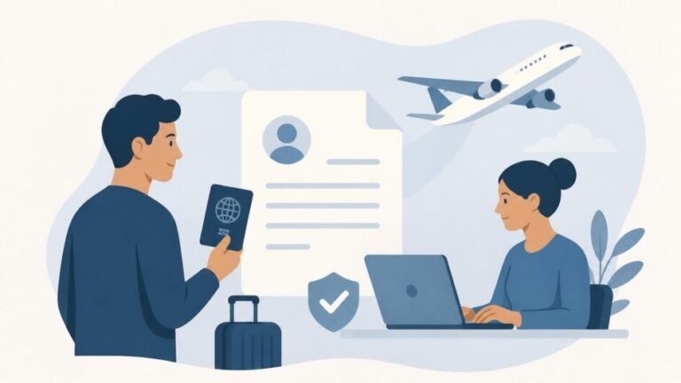 Persona con pasaporte, patrocinador ante una computadora y avión al fondo durante un proceso de viaje autorizado.