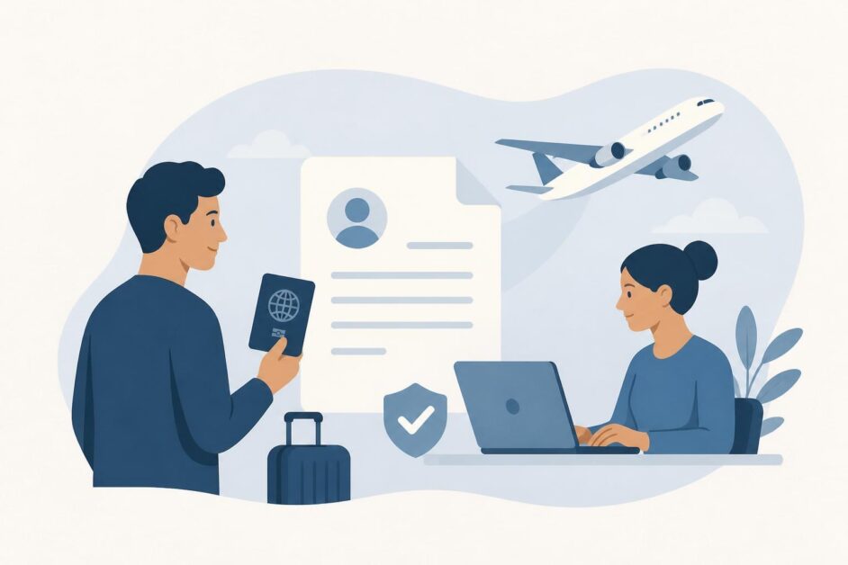 Persona con pasaporte, patrocinador ante una computadora y avión al fondo durante un proceso de viaje autorizado.