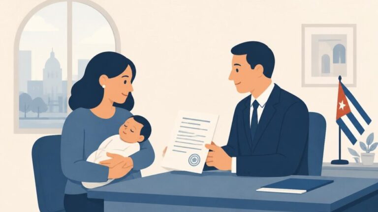 Familia con un bebé entrega un certificado de nacimiento a un funcionario en un consulado cubano.
