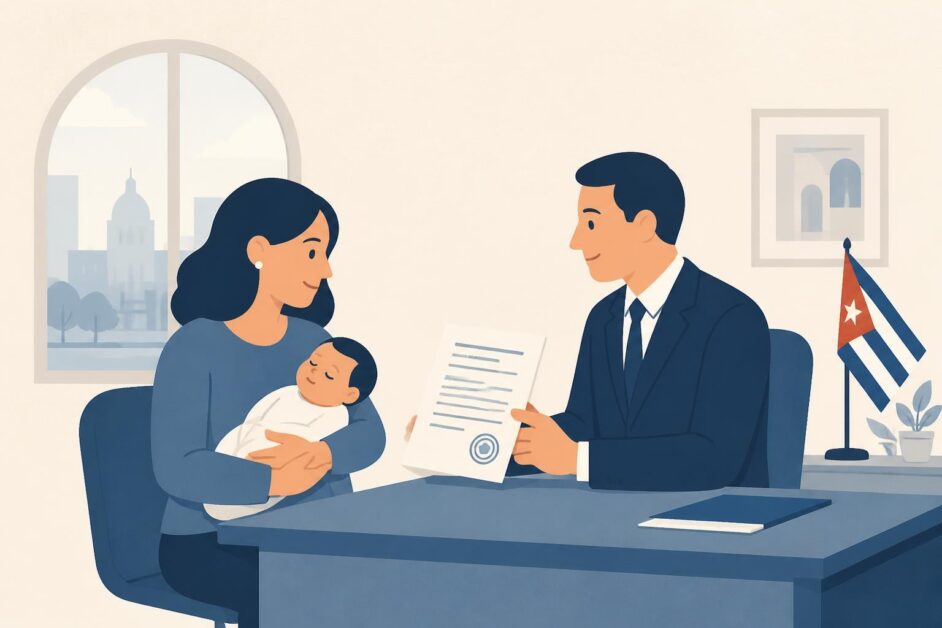 Familia con un bebé entrega un certificado de nacimiento a un funcionario en un consulado cubano.
