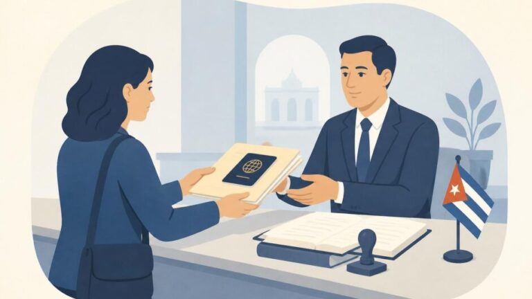 Familiar entrega documentos a un funcionario en una oficina consular para registrar una defunción.