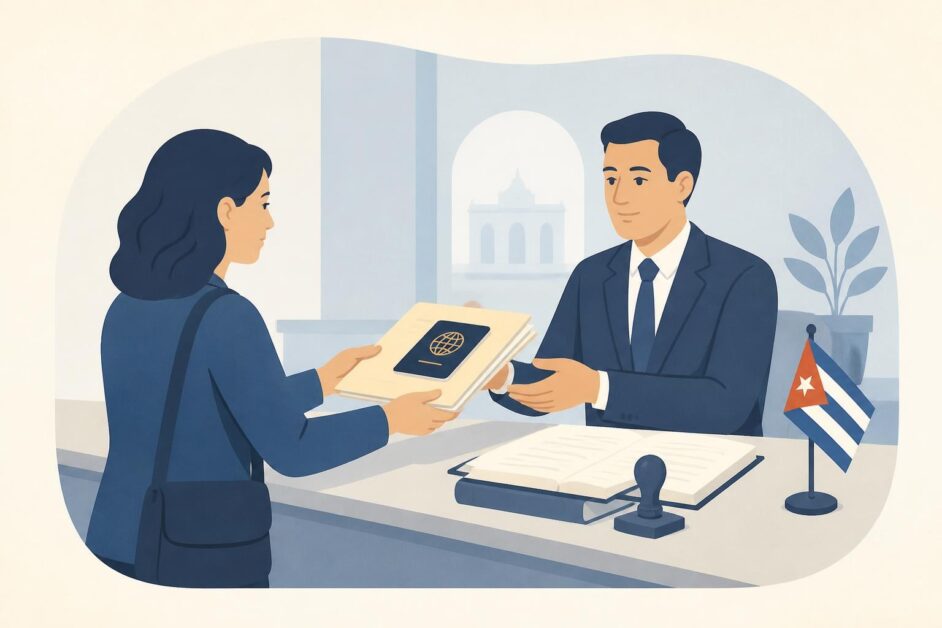 Familiar entrega documentos a un funcionario en una oficina consular para registrar una defunción.