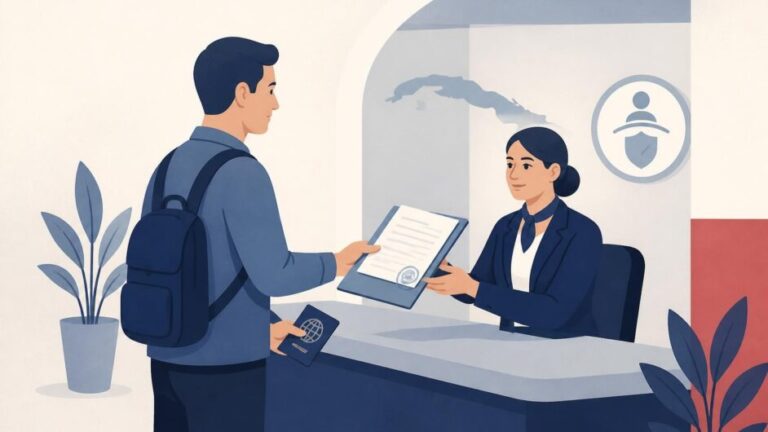 Persona con pasaporte entrega documentos a un funcionario en una oficina migratoria cubana.