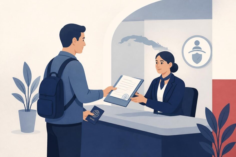 Persona con pasaporte entrega documentos a un funcionario en una oficina migratoria cubana.