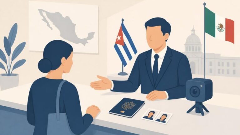 Persona realiza un trámite de pasaporte ante un funcionario en un consulado cubano en México.