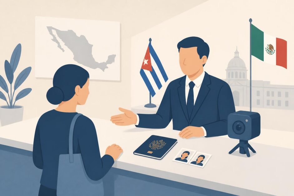 Persona realiza un trámite de pasaporte ante un funcionario en un consulado cubano en México.