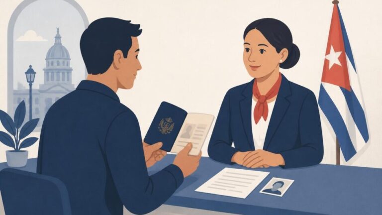 Persona entrega un formulario y un pasaporte en un mostrador consular cubano en España.