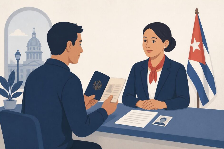 Persona entrega un formulario y un pasaporte en un mostrador consular cubano en España.