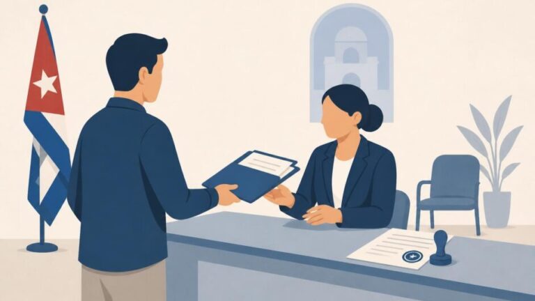 Persona entrega documentos a un funcionario en una oficina consular cubana.
