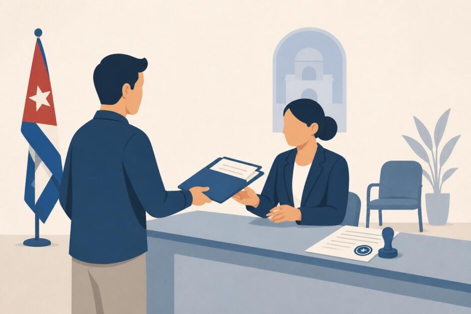 Persona entrega documentos a un funcionario en una oficina consular cubana.
