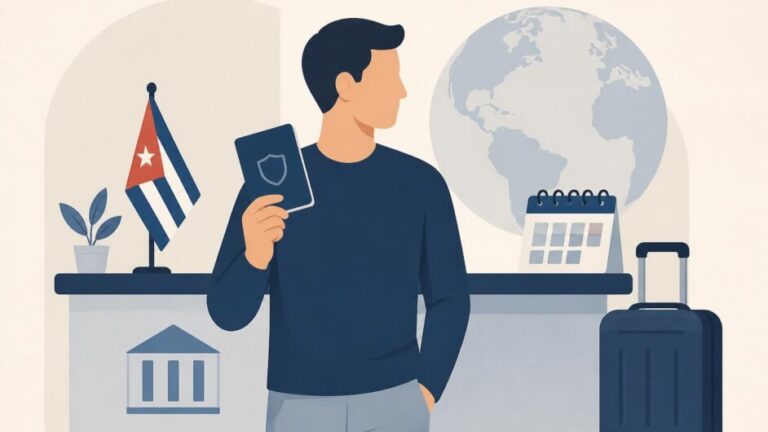 Persona con pasaporte y maleta consulta un calendario en una oficina consular.
