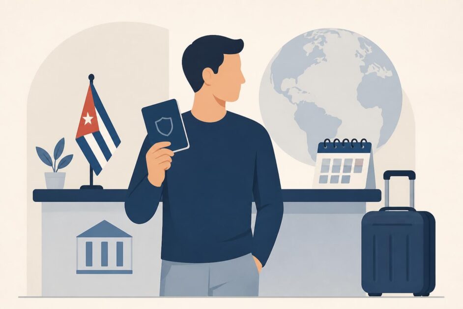 Persona con pasaporte y maleta consulta un calendario en una oficina consular.