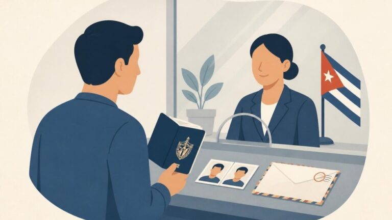 Persona entrega un pasaporte y documentos en una ventanilla consular cubana.