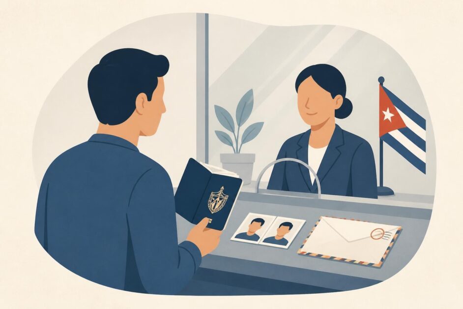 Persona entrega un pasaporte y documentos en una ventanilla consular cubana.
