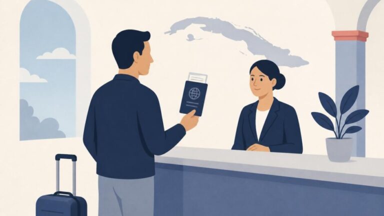 Persona con una maleta recibe un documento provisional en un mostrador consular, con Cuba al fondo.