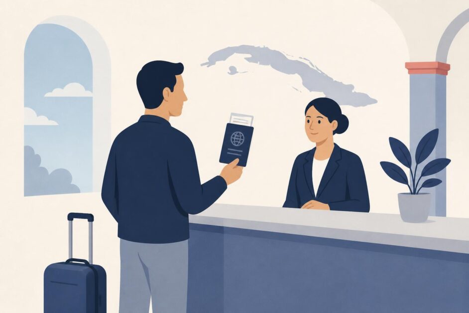 Persona con una maleta recibe un documento provisional en un mostrador consular, con Cuba al fondo.