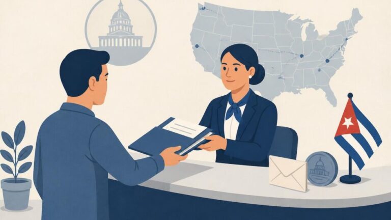 Persona entrega documentos a una representante de agencia consular frente a un mapa de Estados Unidos.