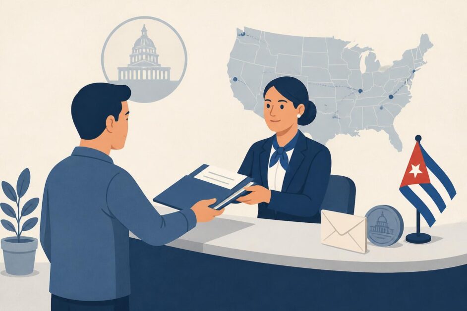 Persona entrega documentos a una representante de agencia consular frente a un mapa de Estados Unidos.