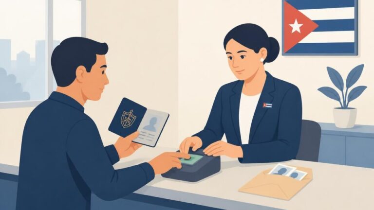 Persona entrega su pasaporte en un mostrador consular mientras registra sus huellas.
