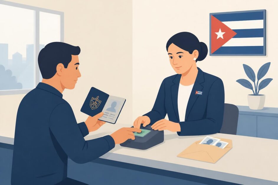 Persona entrega su pasaporte en un mostrador consular mientras registra sus huellas.