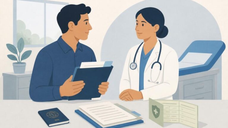 Persona entrega documentos a una médica en una clínica para un examen migratorio.