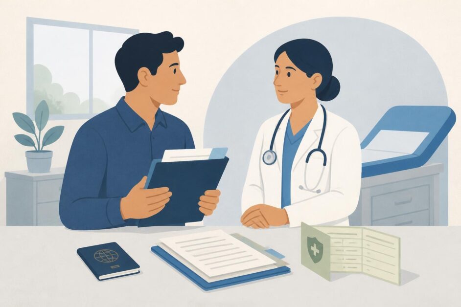 Persona entrega documentos a una médica en una clínica para un examen migratorio.