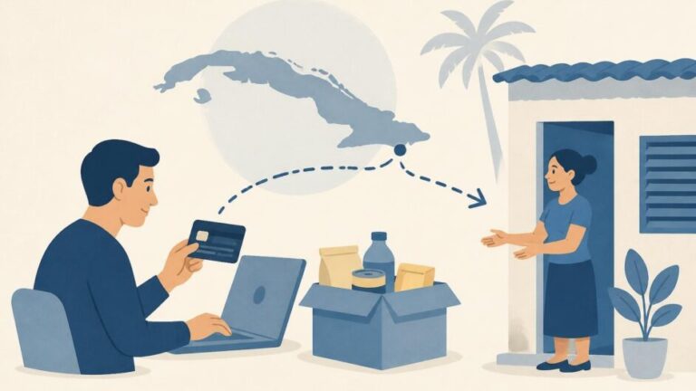 Ilustración plana de una compra en línea desde el exterior y la entrega de una caja a una persona en Cuba.
