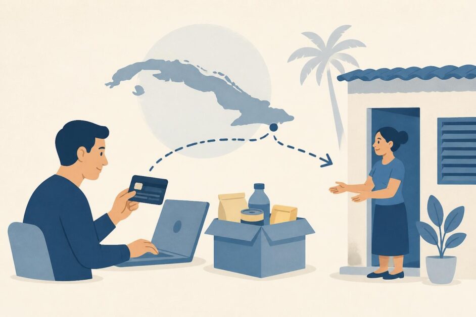 Ilustración plana de una compra en línea desde el exterior y la entrega de una caja a una persona en Cuba.