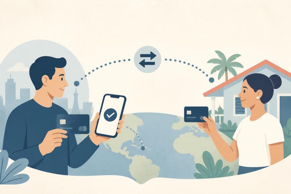 Dos personas conectadas por una transferencia de dinero hacia una tarjeta bancaria en Cuba.
