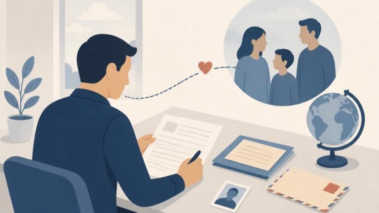 Ilustración plana de una persona preparando documentos para solicitar reunificación familiar de su cónyuge e hijo.