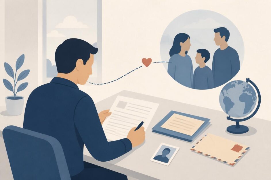 Ilustración plana de una persona preparando documentos para solicitar reunificación familiar de su cónyuge e hijo.