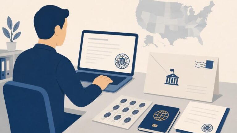 Persona completa una solicitud junto a una tarjeta de huellas, un pasaporte y un sobre postal.