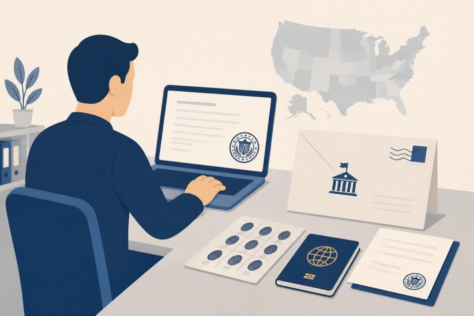 Persona completa una solicitud junto a una tarjeta de huellas, un pasaporte y un sobre postal.