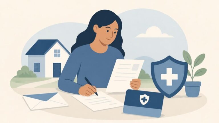 Persona revisa documentos junto a una tarjeta de seguro y un símbolo de atención sanitaria.