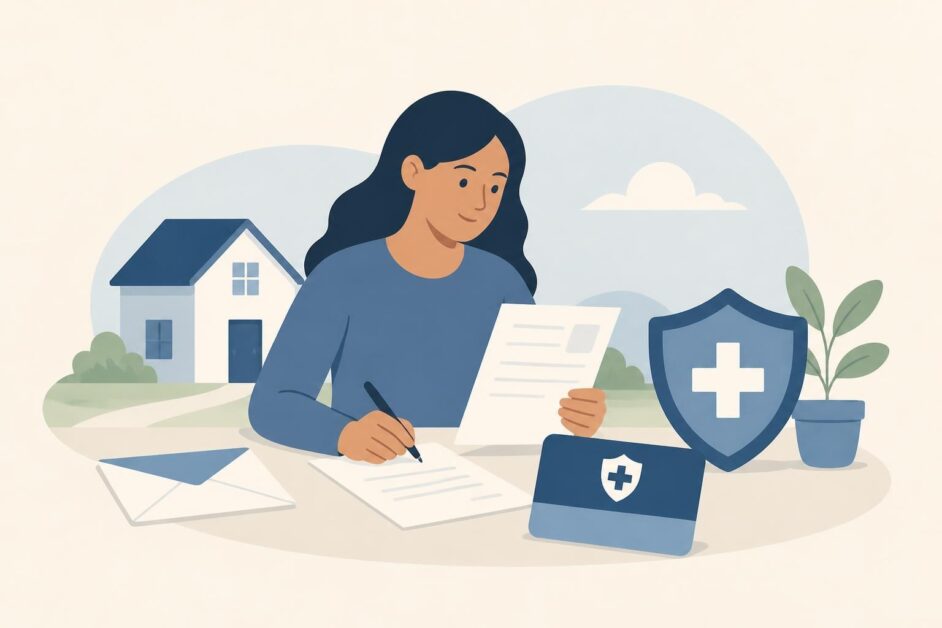 Persona revisa documentos junto a una tarjeta de seguro y un símbolo de atención sanitaria.