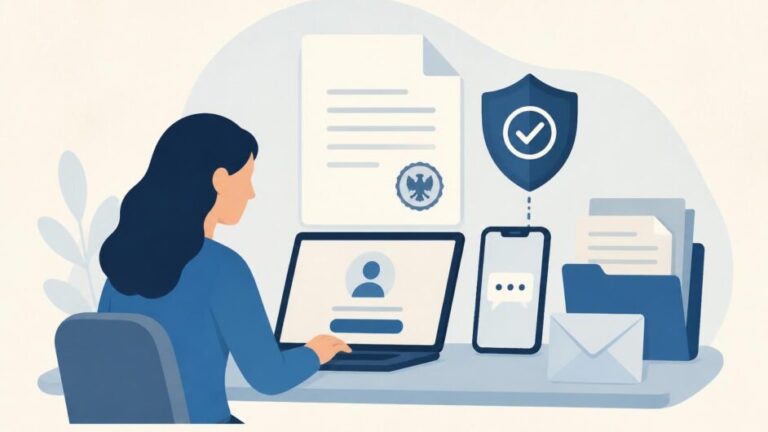 Persona completa una solicitud migratoria digital con documentos, teléfono y símbolo de seguridad.
