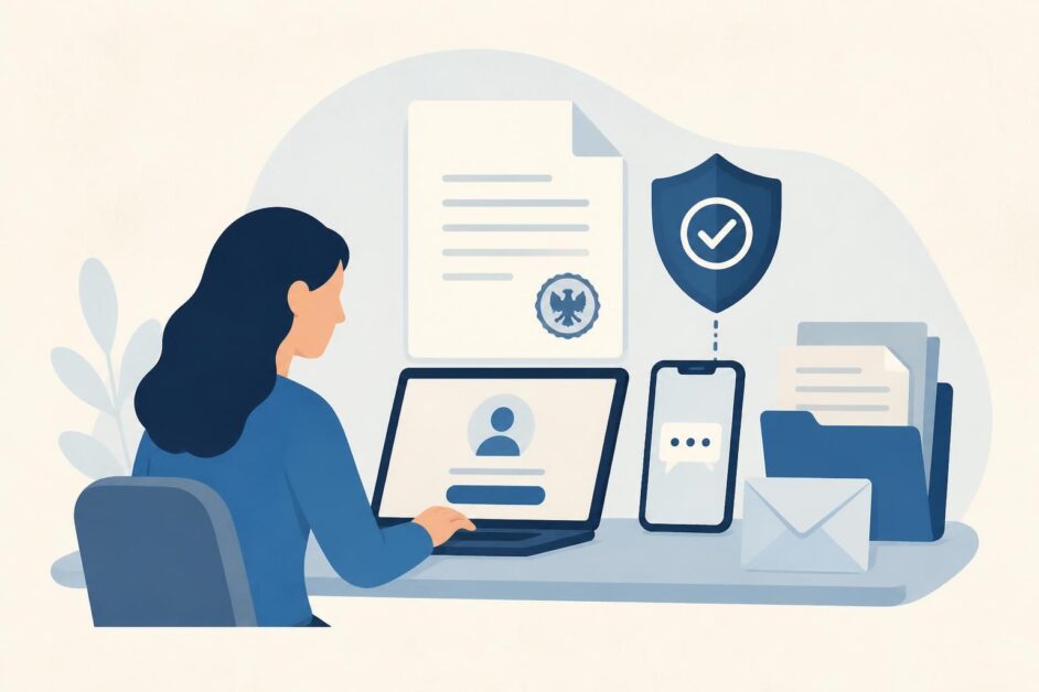 Persona completa una solicitud migratoria digital con documentos, teléfono y símbolo de seguridad.