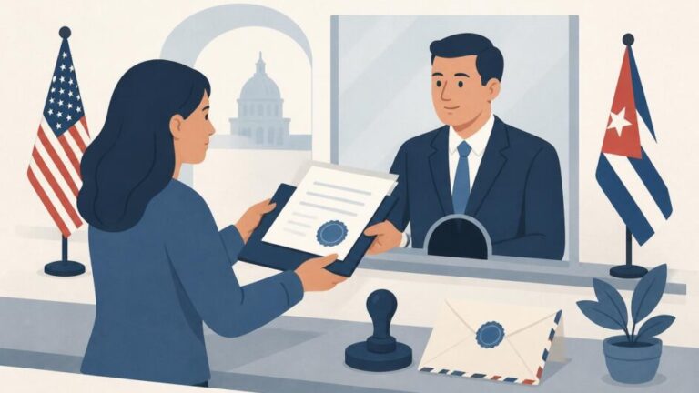 Persona entrega documentos sellados en una oficina consular entre referencias visuales de Estados Unidos y Cuba.