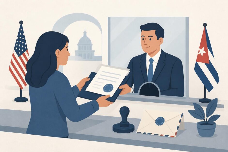 Persona entrega documentos sellados en una oficina consular entre referencias visuales de Estados Unidos y Cuba.