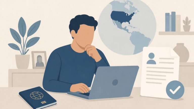 Persona revisa en una computadora su elegibilidad para un programa de visas, con pasaporte y mapa de Estados Unidos.