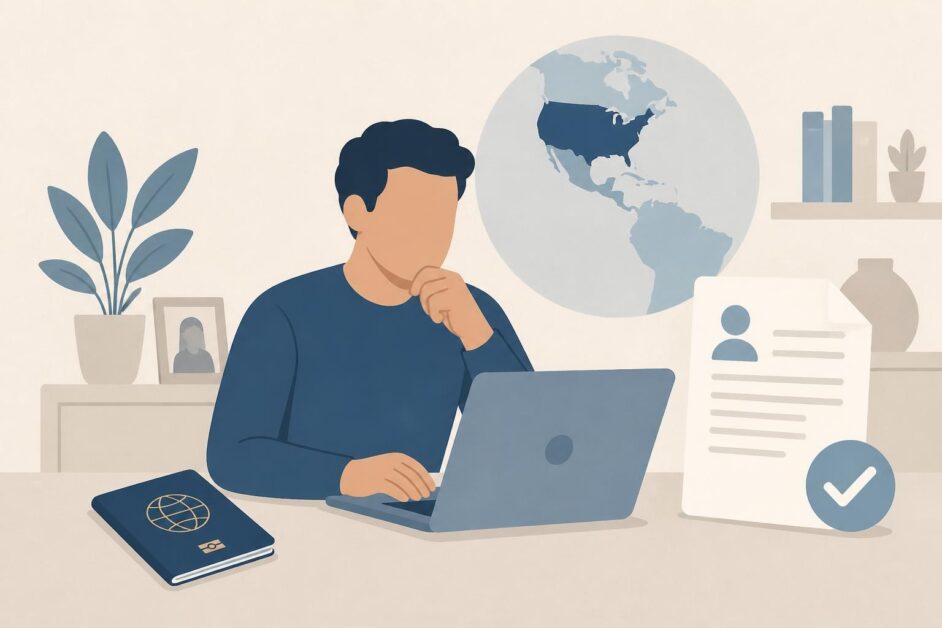 Persona revisa en una computadora su elegibilidad para un programa de visas, con pasaporte y mapa de Estados Unidos.