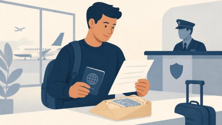 Viajero con pasaporte, formulario y sobre de efectivo en una terminal aeroportuaria.