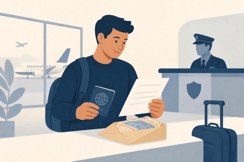 Viajero con pasaporte, formulario y sobre de efectivo en una terminal aeroportuaria.