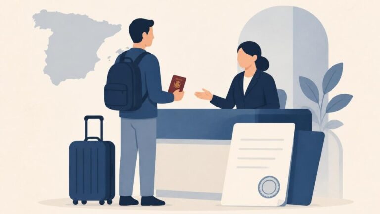 Persona con maleta y pasaporte entrega certificados en un mostrador de atención pública.